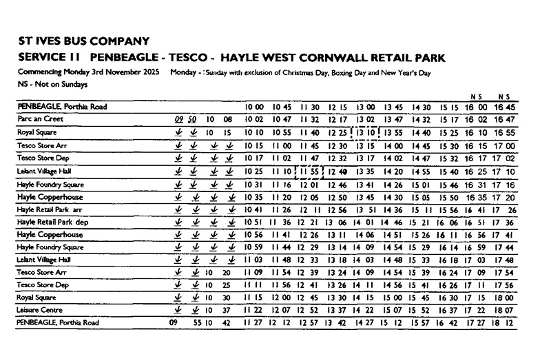 St Ives Cornwall Buses - Timetable - Route 11
